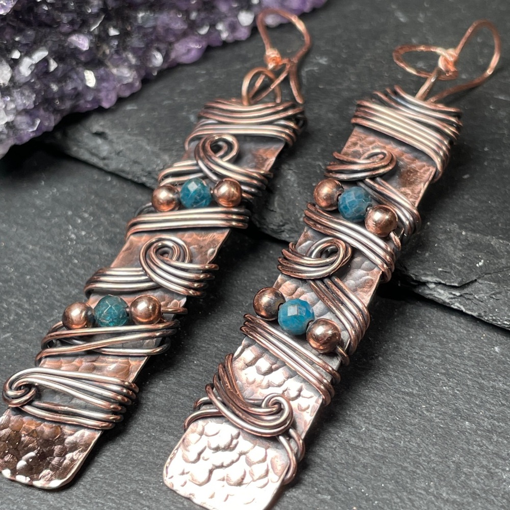 Long Copper and Teal Apatite Crystal Swirling Wire Wrapped Dangle Boho Earrings - Picture 4 of 11
